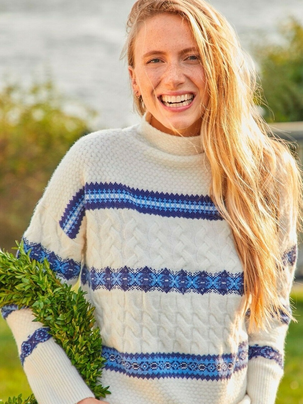 Vineyard Vines Cream Cable Knit Turtleneck with Blue Fair Isle Bands